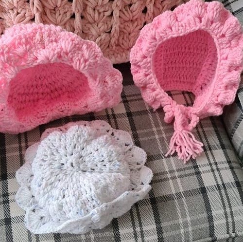 Christine M, selection of baby hats, crochet.